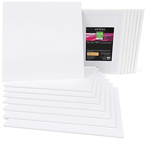 ARTEZA White Blank 100% Cotton Square Canvas Panels Boards, 10 x 1...