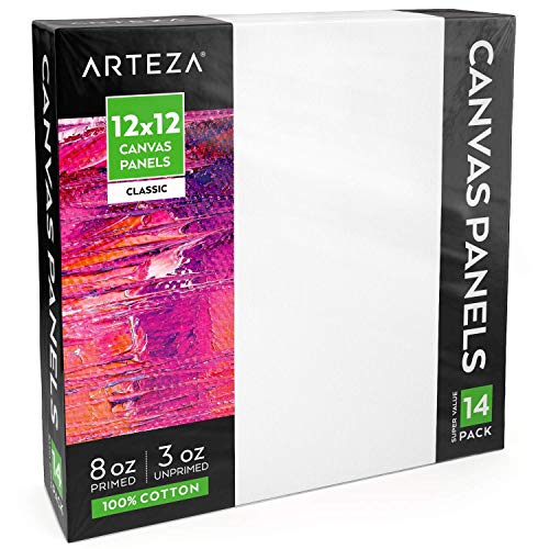 ARTEZA White Blank 100% Cotton Square Canvas Panel Boards, 12x12 I...