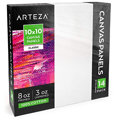 ARTEZA White Blank 100% Cotton Square Canvas Panels Boards, 10 x 1...