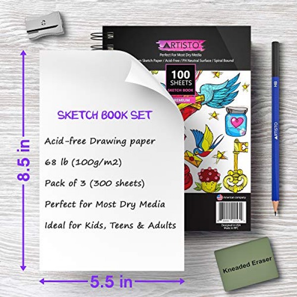 Artisto 5.5x8.5 Premium Sketch Book Set, Spiral Bound, Pack of 3, 300  Sheets (125g/m2)