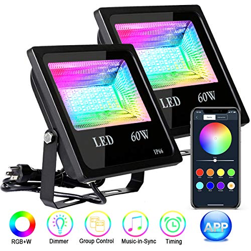 2Pack 60W RGBW LED Flood Light Color Changing Exterior Light Dimma...
