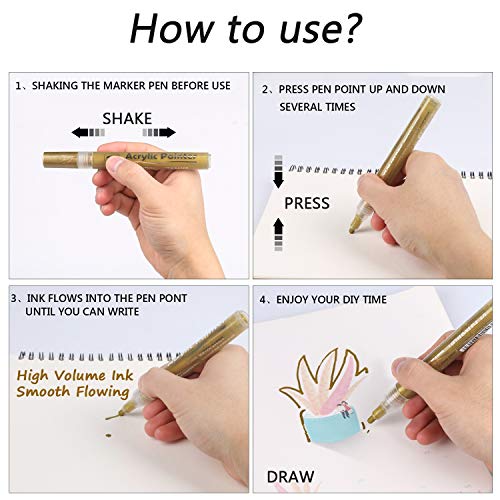 AVAVA Acrylic Paint Pens, 12 Pack 3 Black 3 White 3 Gold 3 Silver...