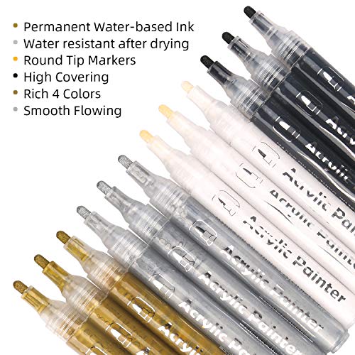 AVAVA Acrylic Paint Pens, 12 Pack 3 Black 3 White 3 Gold 3 Silver...