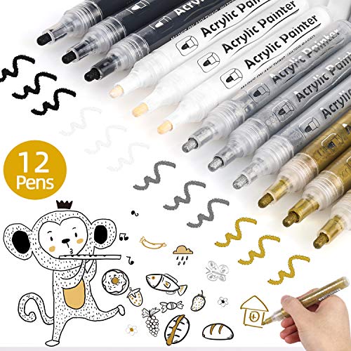 AVAVA Acrylic Paint Pens, 12 Pack 3 Black 3 White 3 Gold 3 Silver...