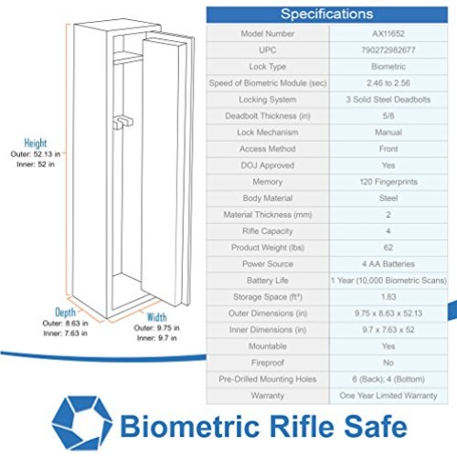 Barska AX11652 Quick Access Biometric Rifle Safe, Small, Multicolor