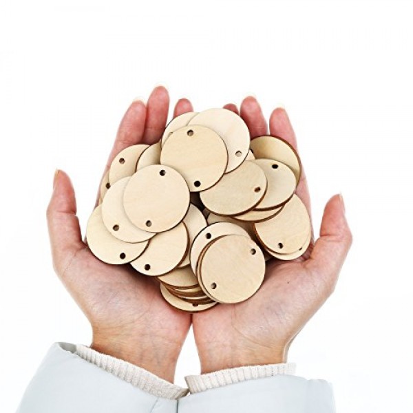 Bememo 100 Pieces Circle Wooden Tags Birthday Board Tags with 2 Ho...