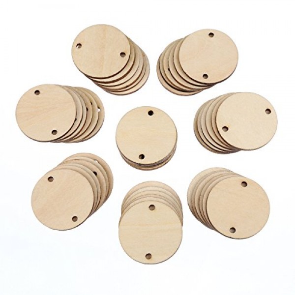 Bememo 100 Pieces Circle Wooden Tags Birthday Board Tags with 2 Ho...