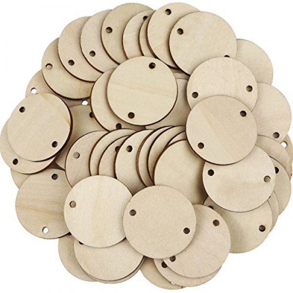 Bememo 100 Pieces Circle Wooden Tags Birthday Board Tags with 2 Ho...