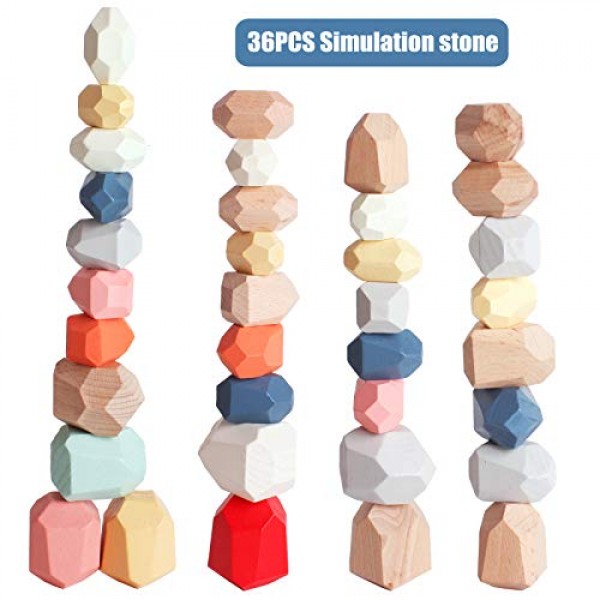 36 PCs Wooden Sorting Stacking Balancing Stone Rocks Educational P...