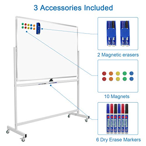 Mobile Whiteboard 72x40 Double-Sided Rolling Whiteboard with S...