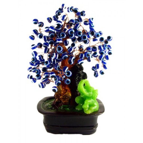 Blue Evil Eye Beads Bonsai Tree Decoration with Lucky Elephant for...