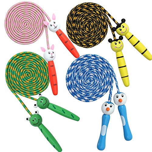 4 Pack Jump Ropes with Wood Handles for Kids - Animal Face Charact...