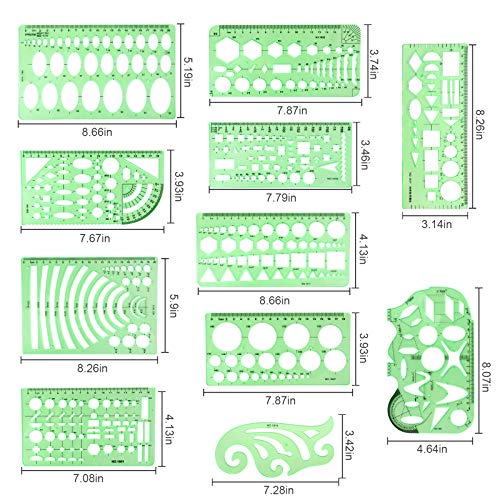 11PCS Geometric Drawings Templates, Drafting Stencils Measuring To...