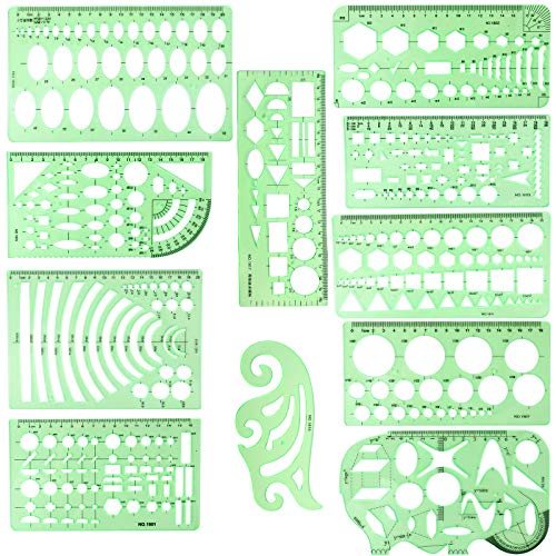 11PCS Geometric Drawings Templates, Drafting Stencils Measuring To...