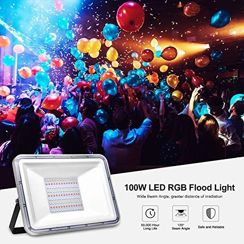 Bikuer 2 Pack 100W RGB LED Flood Lights with Remote Control, IP67 ...