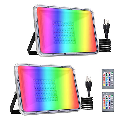Bikuer 2 Pack 100W RGB LED Flood Lights with Remote Control, IP67 ...