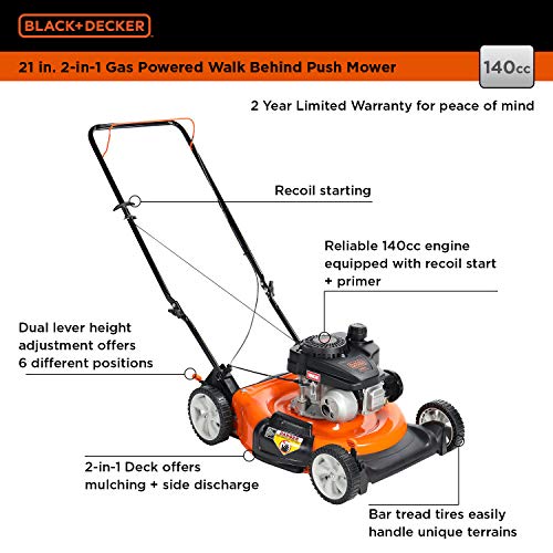 BLACK+DECKER 140cc OHV 21-Inch 2-in-1 Walk-Behind Push Gas Powered...