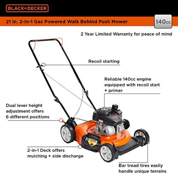 Black+decker 21-Inch 3-in-1 GAS Powered Push Lawn Mower with 140cc OHV Engine Black and Orange