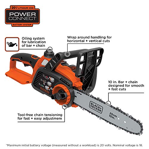 BLACK+DECKER 20V MAX Cordless Chainsaw, 10-Inch LCS1020
