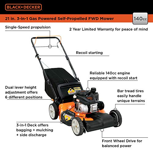 BLACK+DECKER 21 Inch 140cc 3-in-1 Gas Powered Front Wheel Drive Wa...