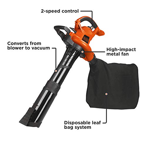 BLACK+DECKER Leaf Blower & Leaf Vacuum, 3-in-1, 12-Amp, 250-MPH, 4...
