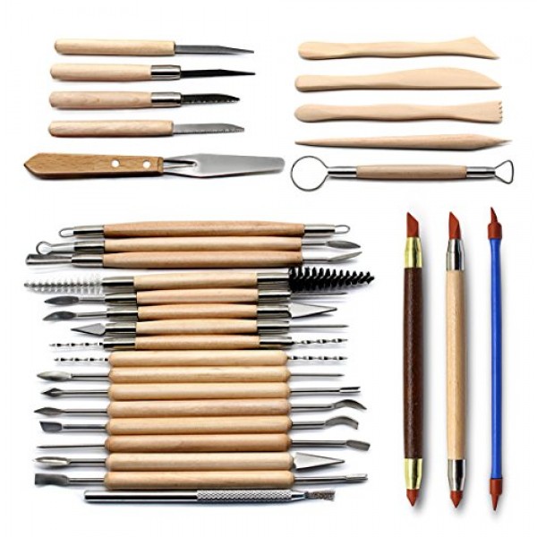 Blisstime Set of 30 Clay Sculpting Tools Wooden Handle Pottery Car...