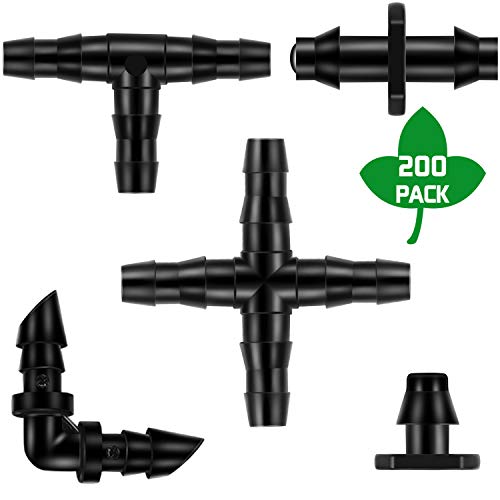 200 Pieces Irrigation Fittings Kit, Drip Irrigation Barbed Connect...
