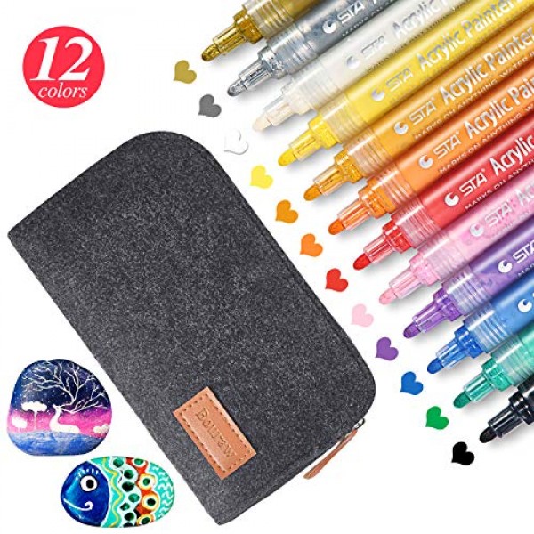 Acrylic Paint Marker Pens-Bouraw Set of 12 Colors for Rocks Painti...
