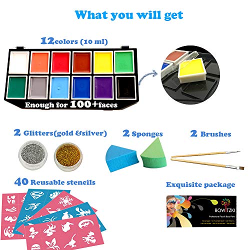 Face Paint Kit, Bowitzki 12 Vibrant Colors 2 Glitter 2 Brushes 40 ...