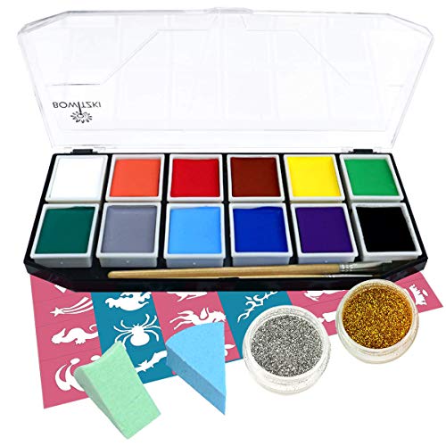 Face Paint Kit, Bowitzki 12 Vibrant Colors 2 Glitter 2 Brushes 40 ...