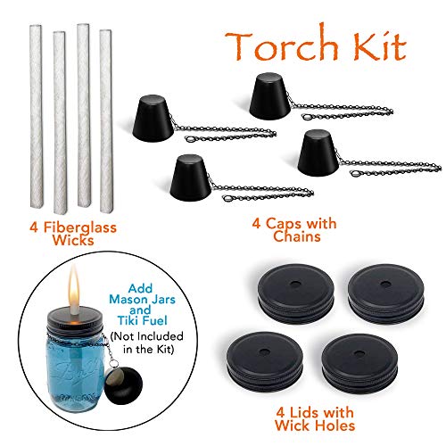 Brass Tacks Mason Jar Torch Kit, Includes 4 long life wicks, 4 lid...