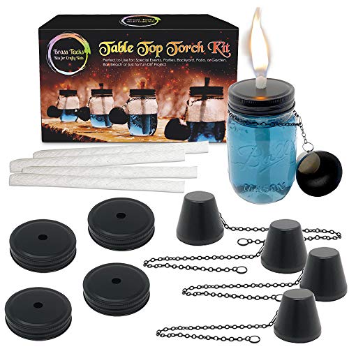 Brass Tacks Mason Jar Torch Kit, Includes 4 long life wicks, 4 lid...