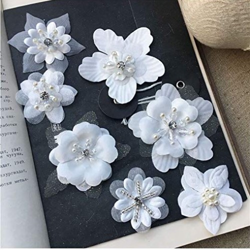 7 pcs White Organza Embroidery 3D Lace Flower Fabric Appliques wit...