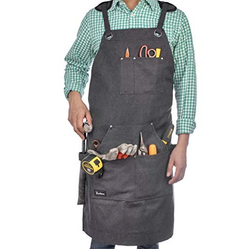 Heavy Duty Waxed Canvas Carpenters Work Apron w/Pockets, Cross-Bac...