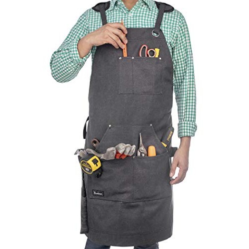 Heavy Duty Waxed Canvas Carpenters Work Apron w/Pockets, Cross-Bac...