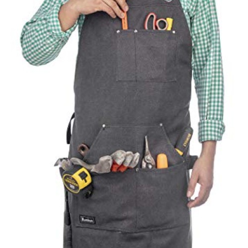 Heavy Duty Waxed Canvas Carpenters Work Apron w/Pockets, Cross-Bac...