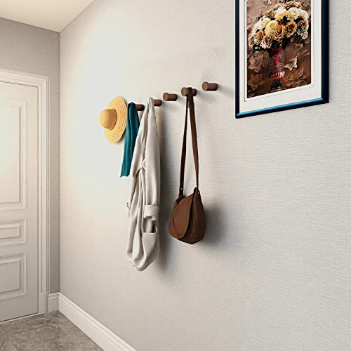 Bsdonte Wood Wall Hooks 6 Pack, Natural Wooden Coat Hooks Wall Mou...