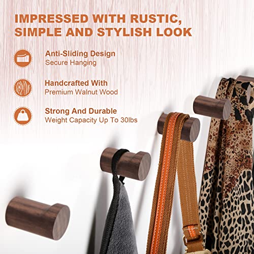 Bsdonte Wood Wall Hooks 6 Pack, Natural Wooden Coat Hooks Wall Mou...