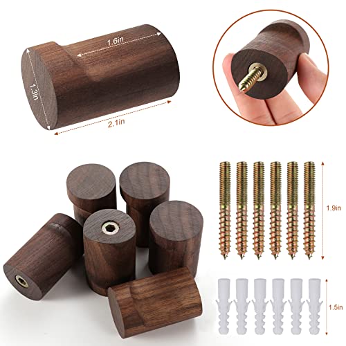 Bsdonte Wood Wall Hooks 6 Pack, Natural Wooden Coat Hooks Wall Mou...