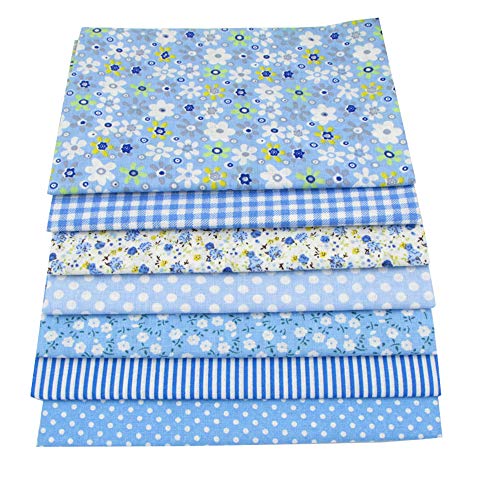 7pcs Blue 19.7 x 19.7 Cotton Sewing Fabric Bundles, Pre-Cut Quil...
