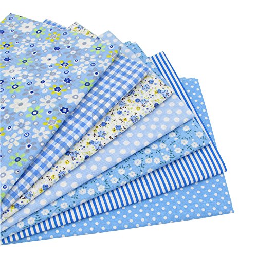 7pcs Blue 19.7 x 19.7 Cotton Sewing Fabric Bundles, Pre-Cut Quil...
