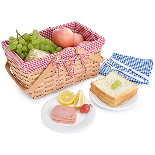 Picnic Basket Natural Woven Woodchip with Double Folding Handles |...