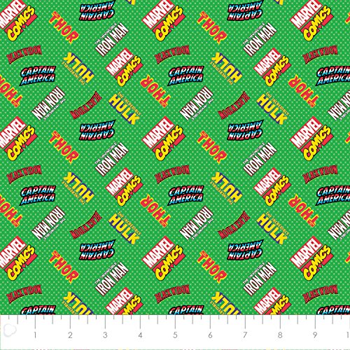 Marvel Comic Retro Hero Logos in Green Premium Quality Cotton Fabr...