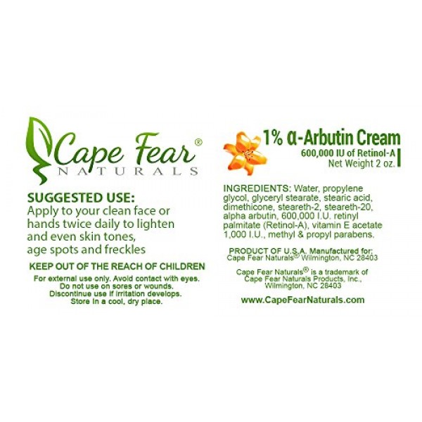 Cape Fear Naturals 1% Alpha Arbutin Cream, 2oz jar