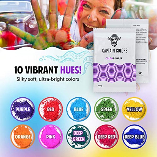 10 Colors x 100gram each - Holi Color Powder, 10 Natural Powders f...