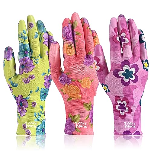 CARE HOME 3 Pairs Garden Gloves for Women, Breathable Nitrile Coat...
