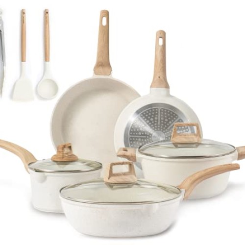 CAROTE Pots and Pans Set Nonstick, White Granite Induction Kitchen...