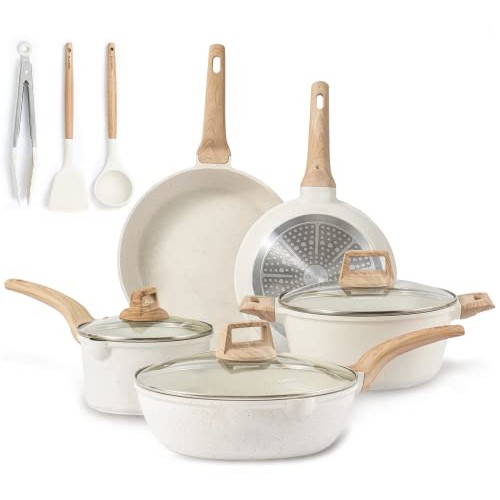 CAROTE Pots and Pans Set Nonstick, White Granite Induction Kitchen...