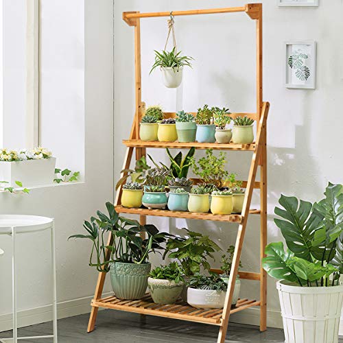 Casart 3-Tier Hanging Plant Stand, Foldable Bamboo Flower Rack for...