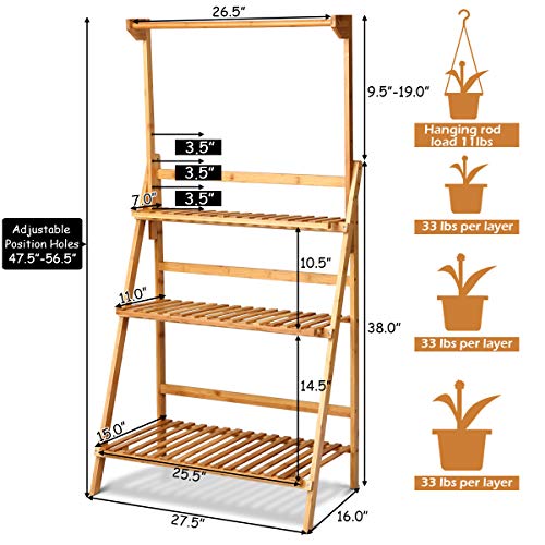 Casart 3-Tier Hanging Plant Stand, Foldable Bamboo Flower Rack for...